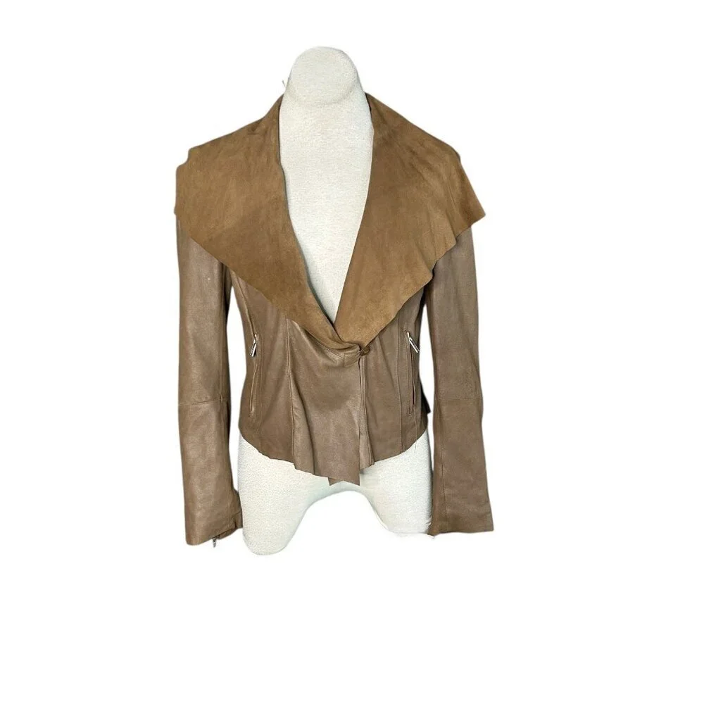 Kors Michael Kors Brown Leather Jacket Suede Moto Waterfall Y2K Designer Medium